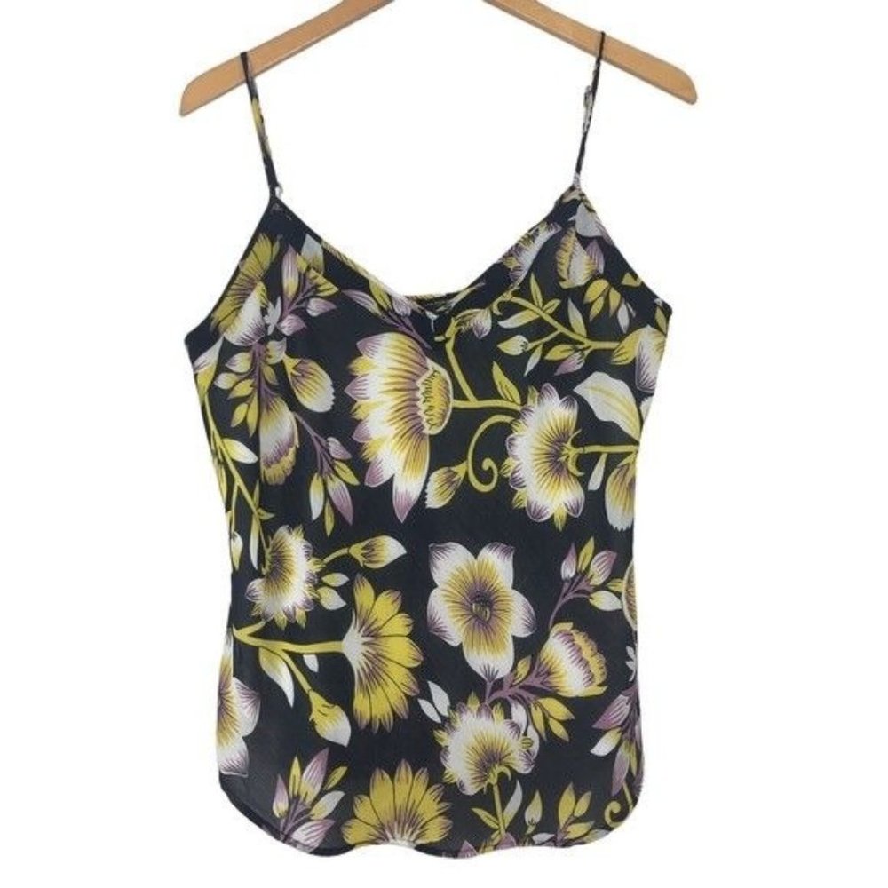 ANN TAYLOR Floral Cami Tank Top Black Yellow Adjustable Strap Blouse Size Large